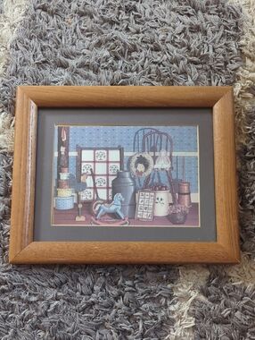 Rustic Framed Country Still Life Print By Pat Pearson Blue & Brown Grannycore